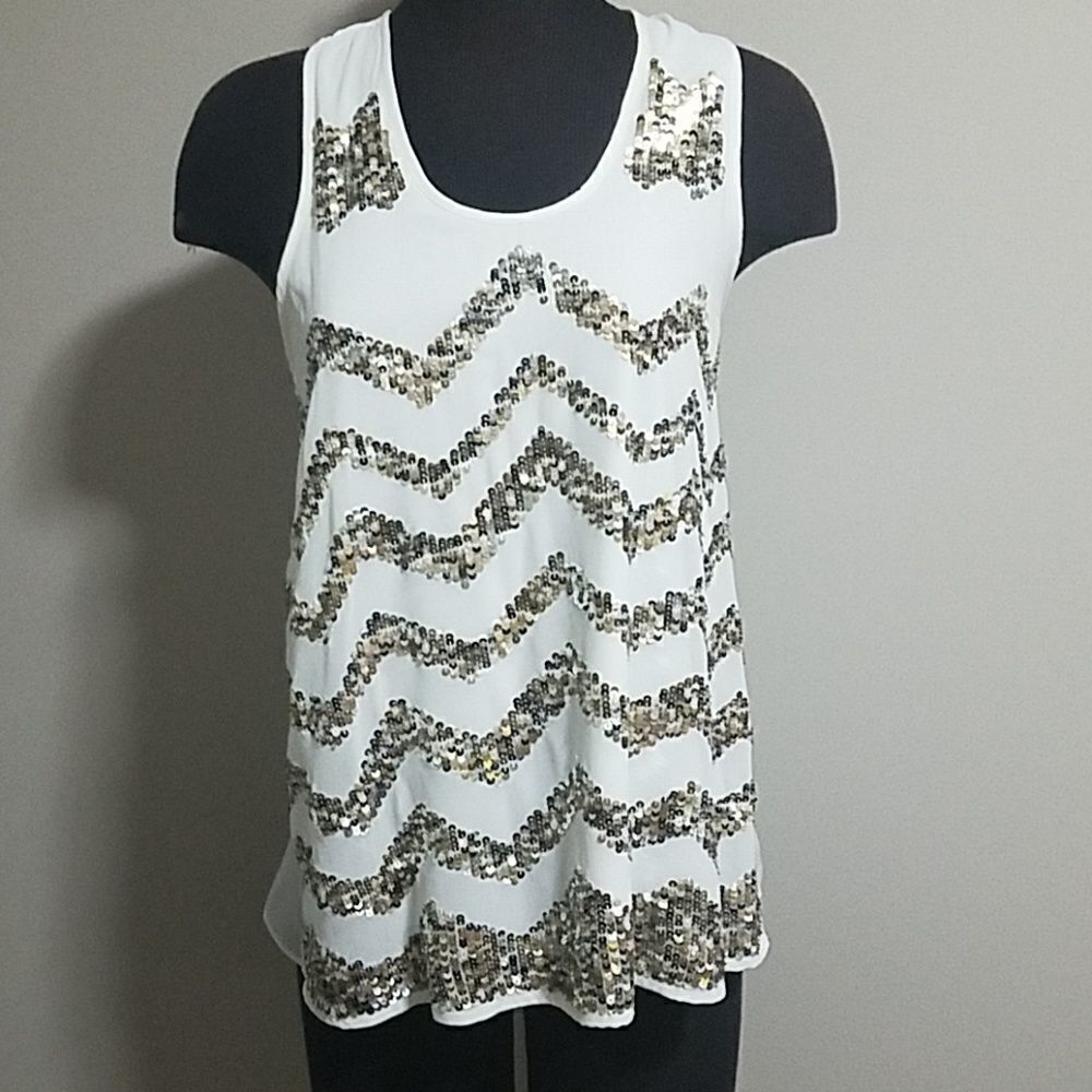 Charming Charlie White, Silver, & Gold Tank Top (S)